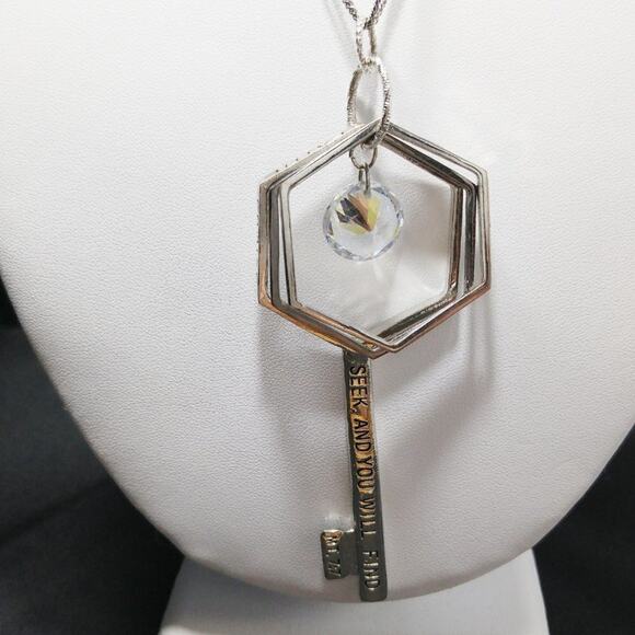 Key Necklace, Faith Pray Scripture KEY Long Silver Gray Chain, 30 Inches - Picture 5 of 14